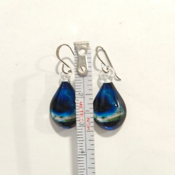 Sterling Silver 925 Ocean Beach Dangle Drop Earrings Blue Fused Glass Hook - Picture 7 of 9
